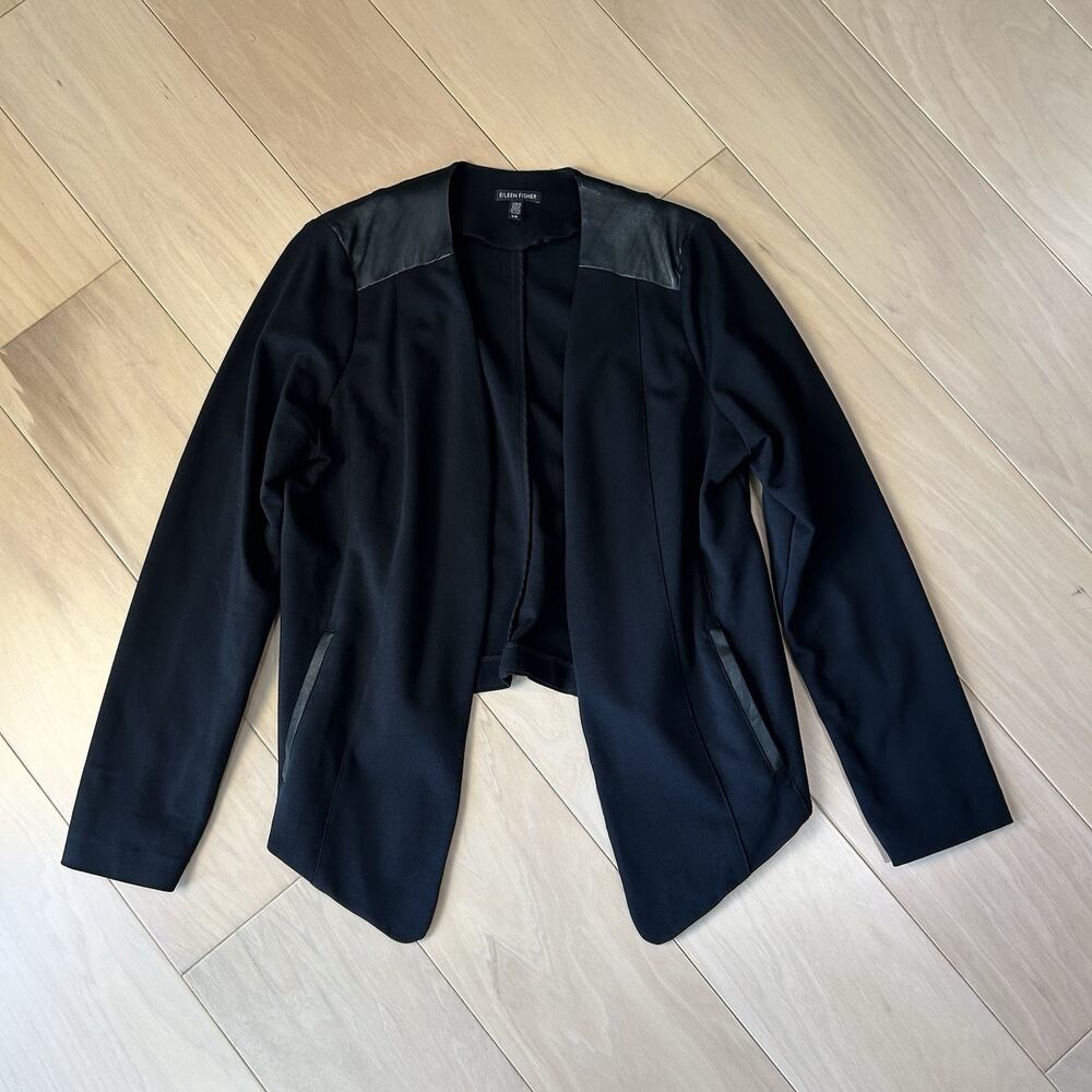 Eileen Fisher Black Ponte Blazer Leather Trim Women’s Large